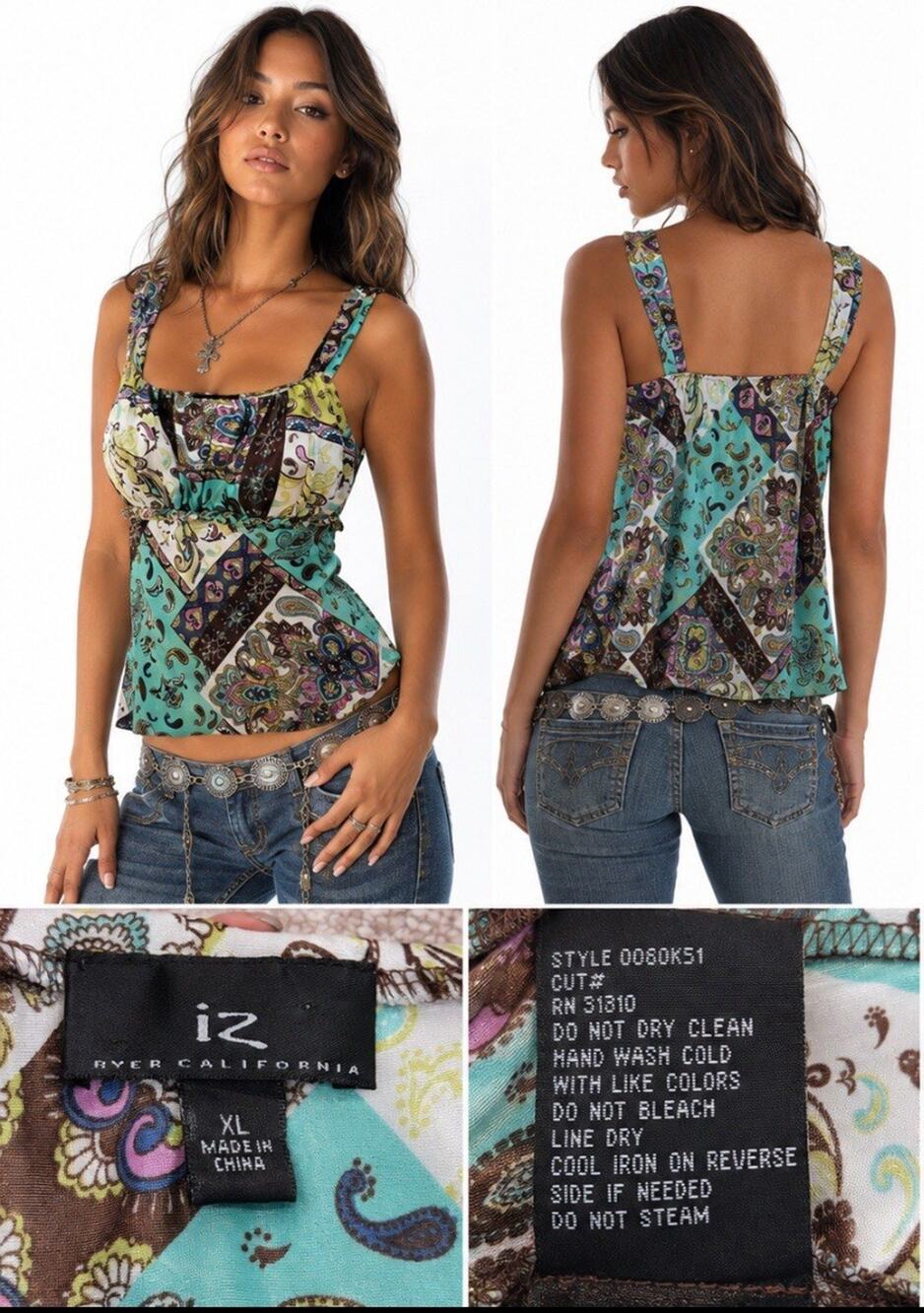 Y2K Indie Boho iZ Byer California Empire Waist Cami Top Sz XL PatchworkPaisley